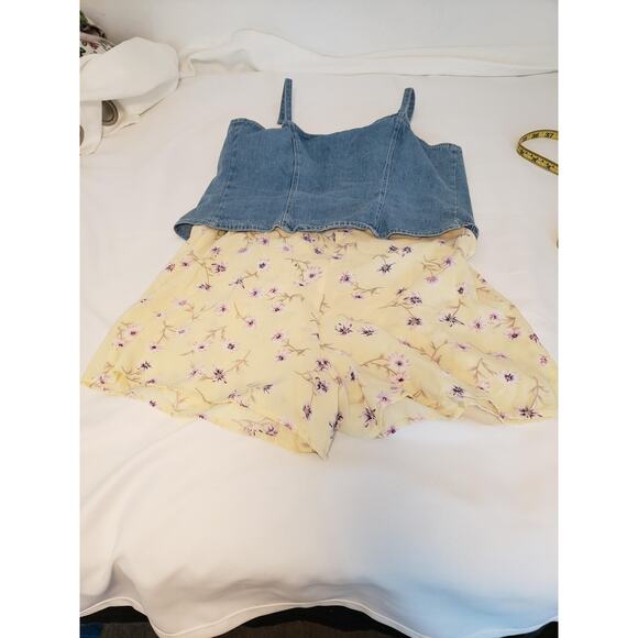 Vintage Skort Romper Girls XL Blue Denim Yellow Floral Spaghetti Strap One Piece - Picture 13 of 15